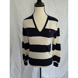 Ralph Lauren Sport Women V Neck Striped Sweater Navy Cream Pink Pony Logo Size L